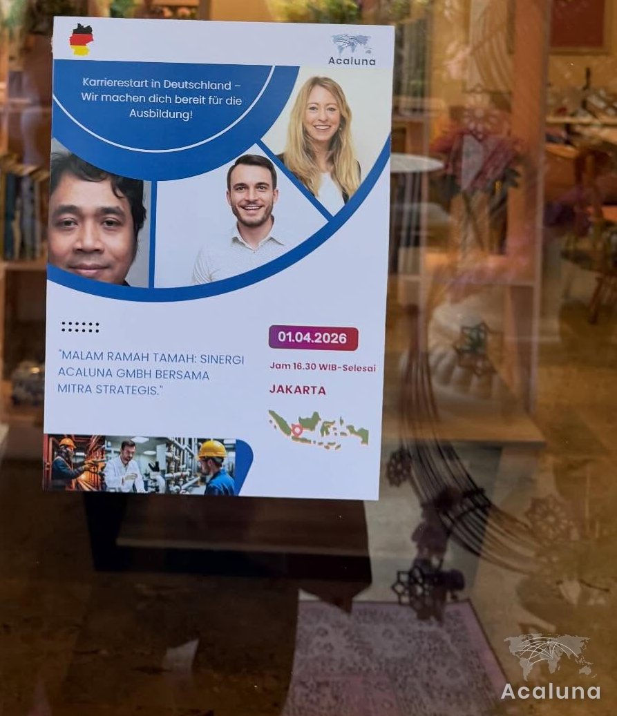 Poster malam ramah tamah Acaluna GmbH bersama mitra strategis di Jakarta, 1 April 2026, dengan foto Dedy Prayudana Putra, Dr. Manuel Behmüller dan Jessica Moll