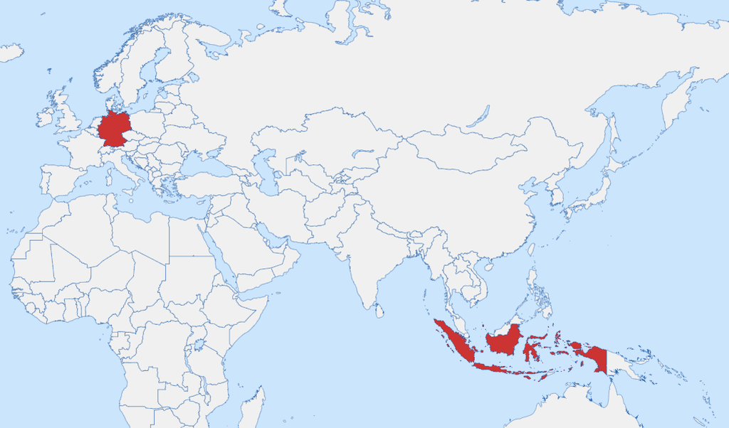 Weltkarte mit Deutschland und Indonesien hervorgehoben – rund 11.000 Kilometer Luftlinie